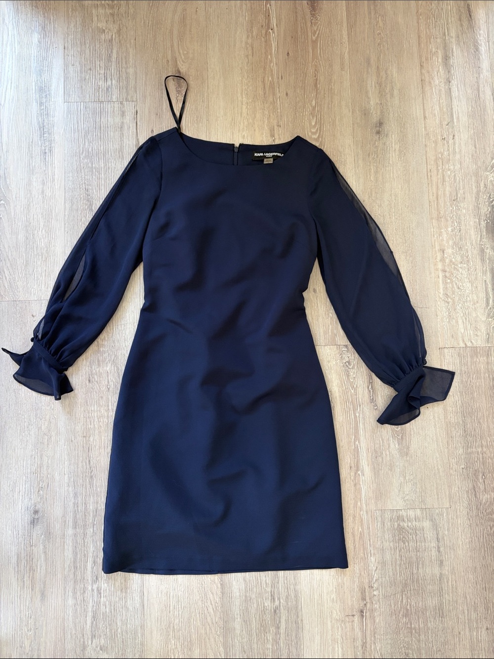 Karl Lagerfeld Dark Navy Long-Sleeve Shift Dress with Sheer Sleeve Detail